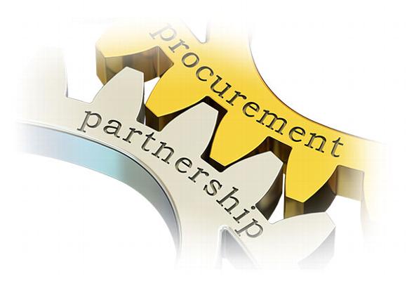 Two cogs with Procurement and Partnership interlocked