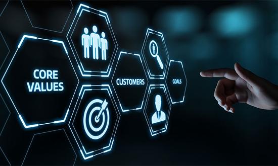 core value, customer and goal hexagon tiles with hand pointing to click
